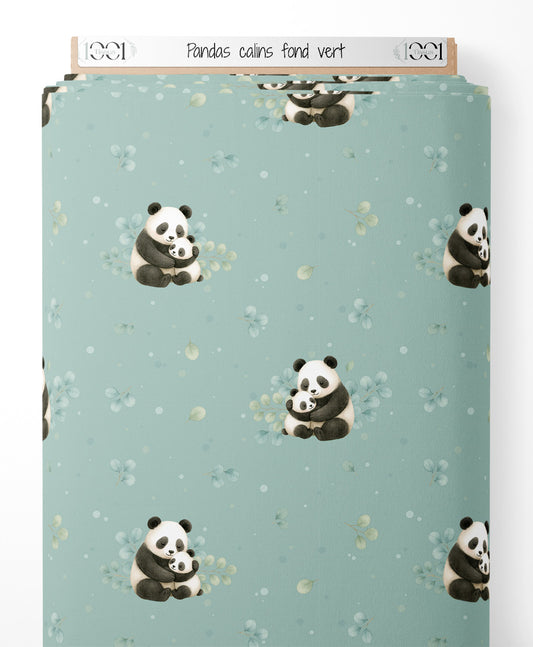 Tissu - Pandas câlins fond vert