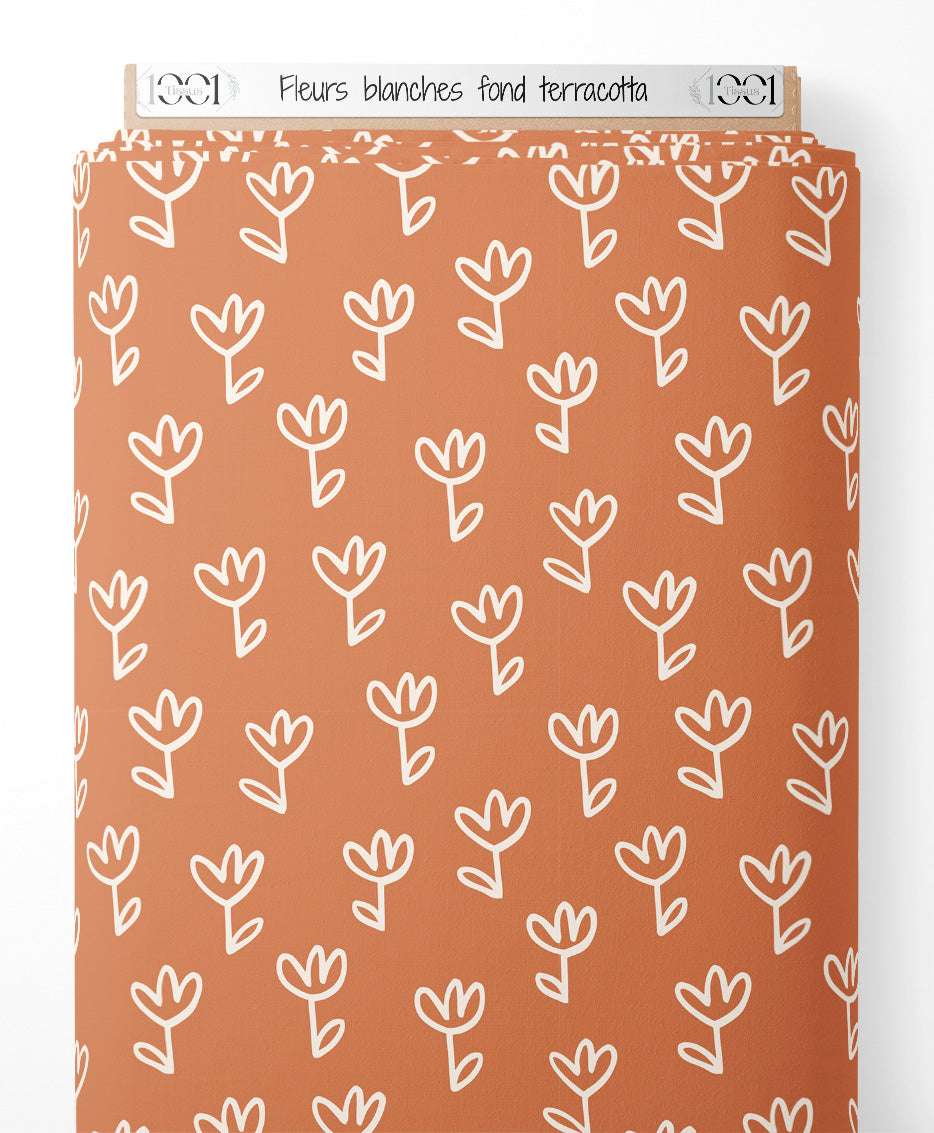 Tissu - Fleurs blanches sur fond terracotta