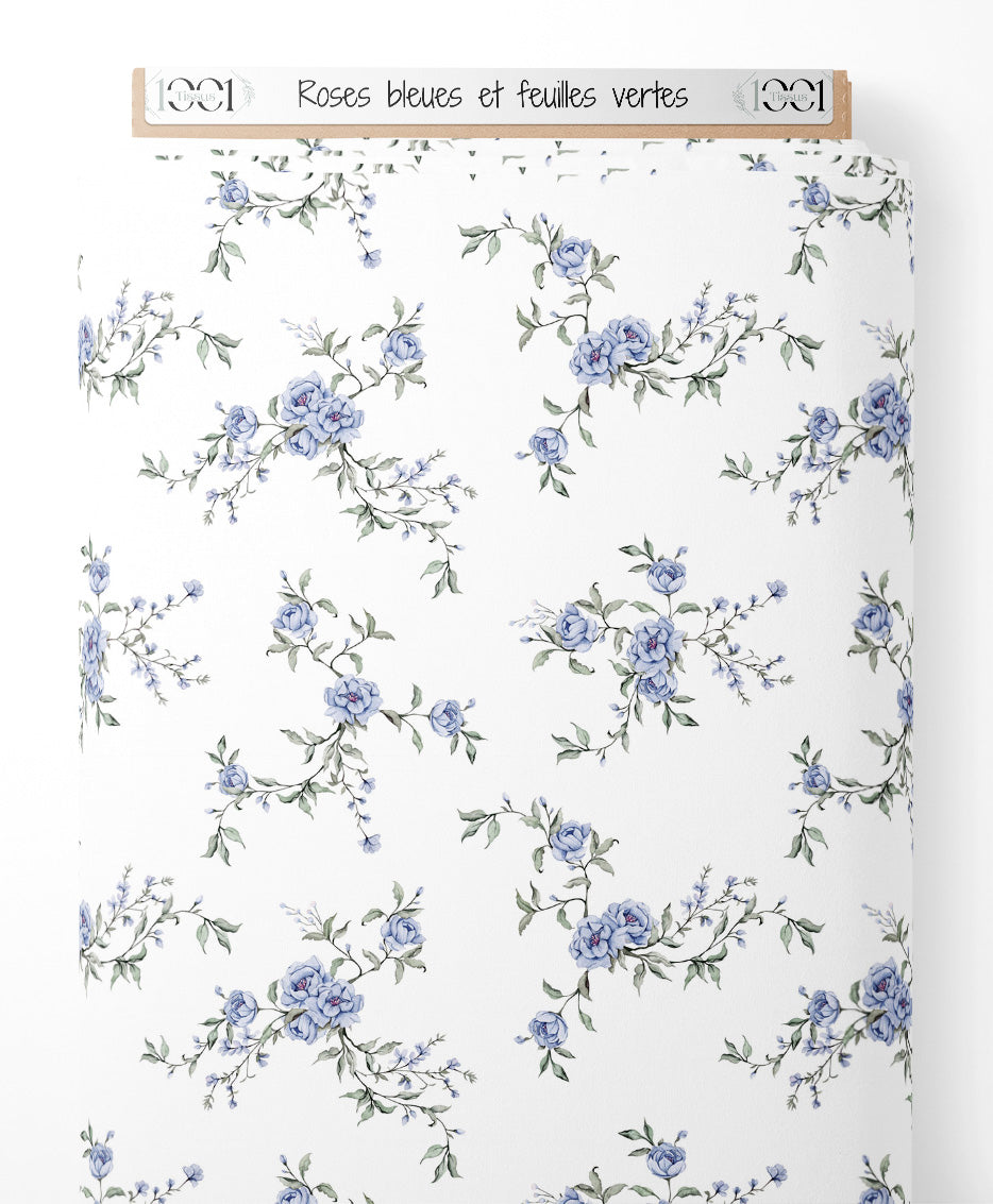Tissu - Roses bleues et feuilles vertes
