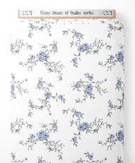 Tissu - Roses bleues et feuilles vertes