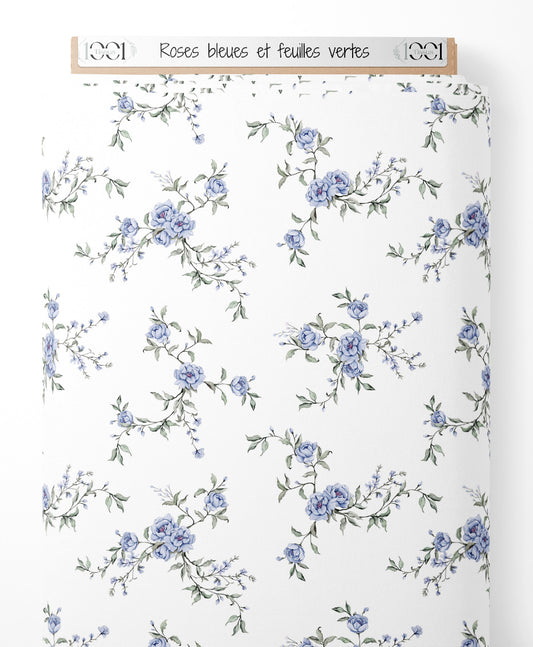 Tissu - Roses bleues et feuilles vertes