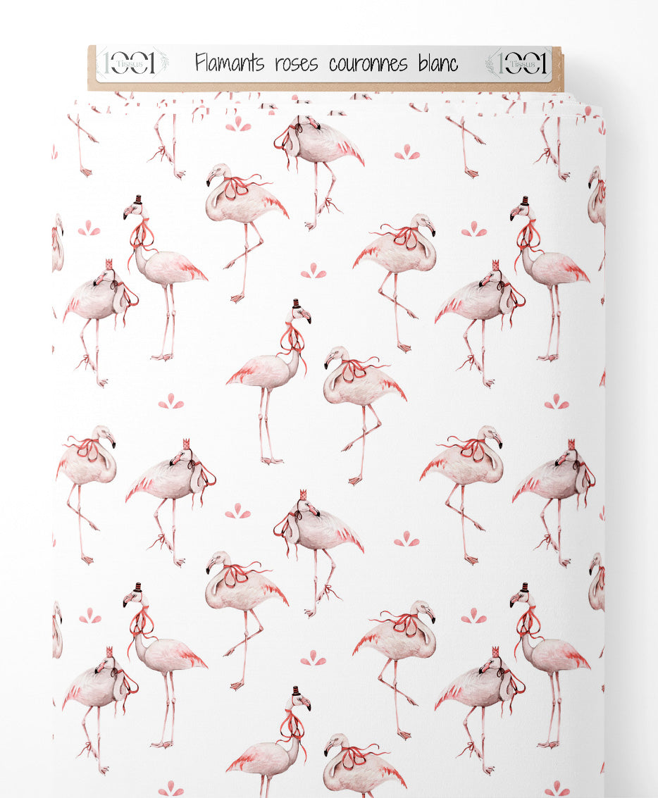 Tissu - Flamants roses couronnés blanc