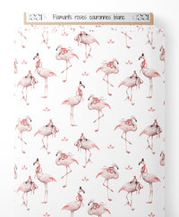 Tissu - Flamants roses couronnés blanc