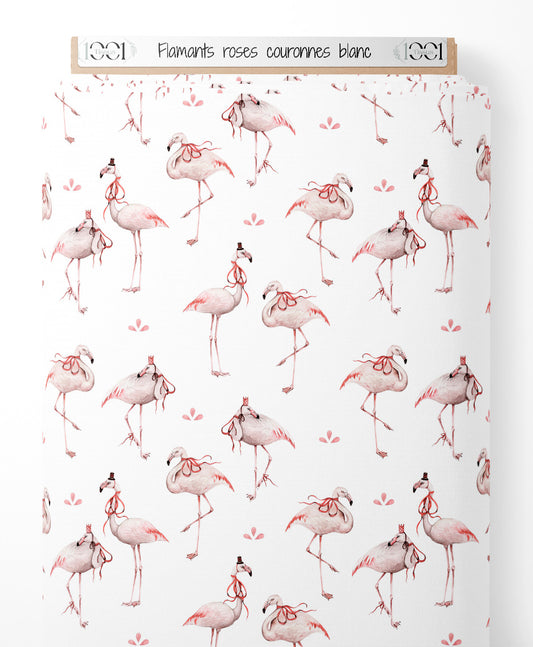 Tissu - Flamants roses couronnés blanc