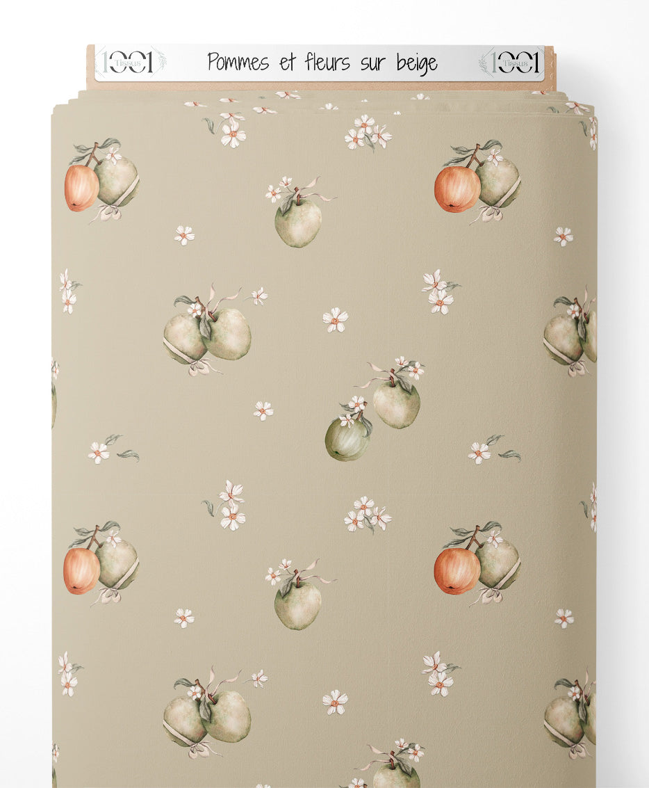 Tissu - Pommes et fleurs sur beige