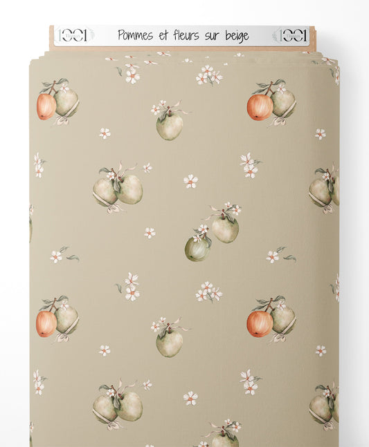 Tissu - Pommes et fleurs sur beige