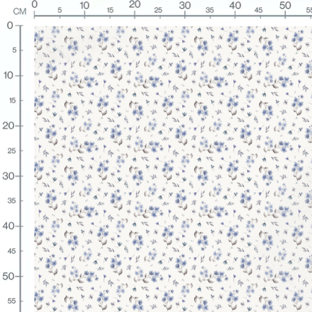 Tissu - Fleurs bleues et feuilles grises