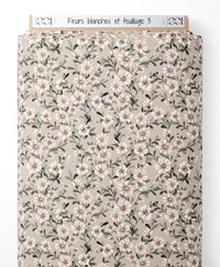 Tissu - Fleurs blanches et feuillage 3