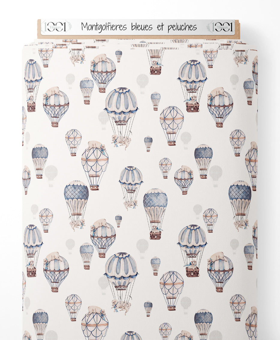 Tissu - Montgolfières bleues et peluches