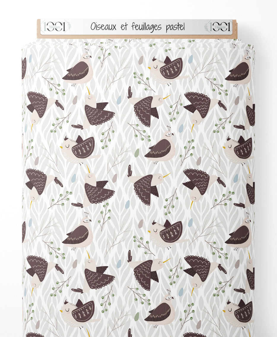 Tissu - Oiseaux et feuillages pastel