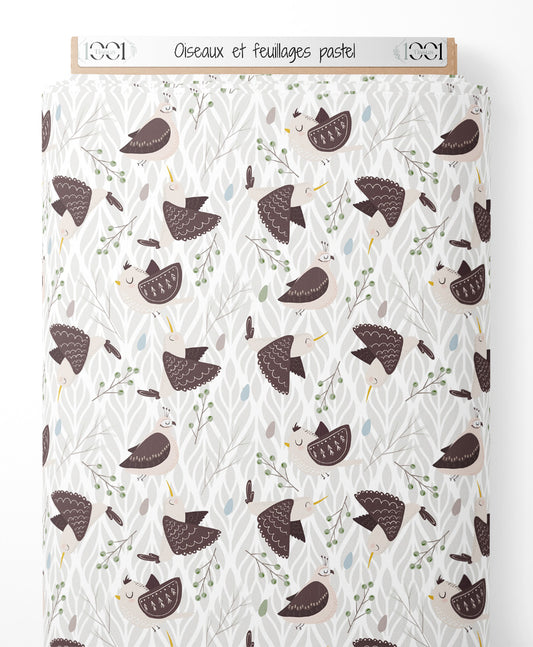 Tissu - Oiseaux et feuillages pastel