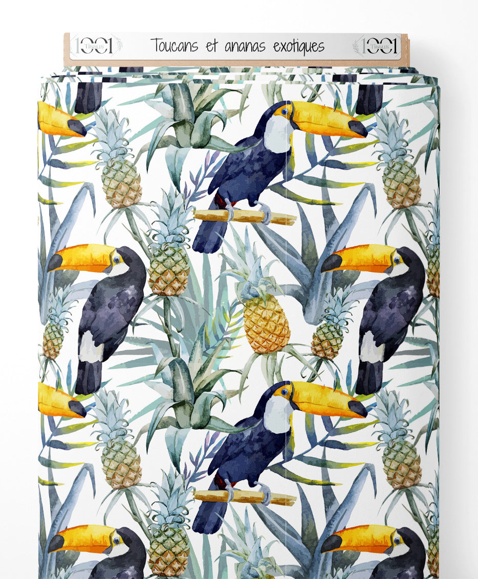 Tissu - Toucans et ananas exotiques