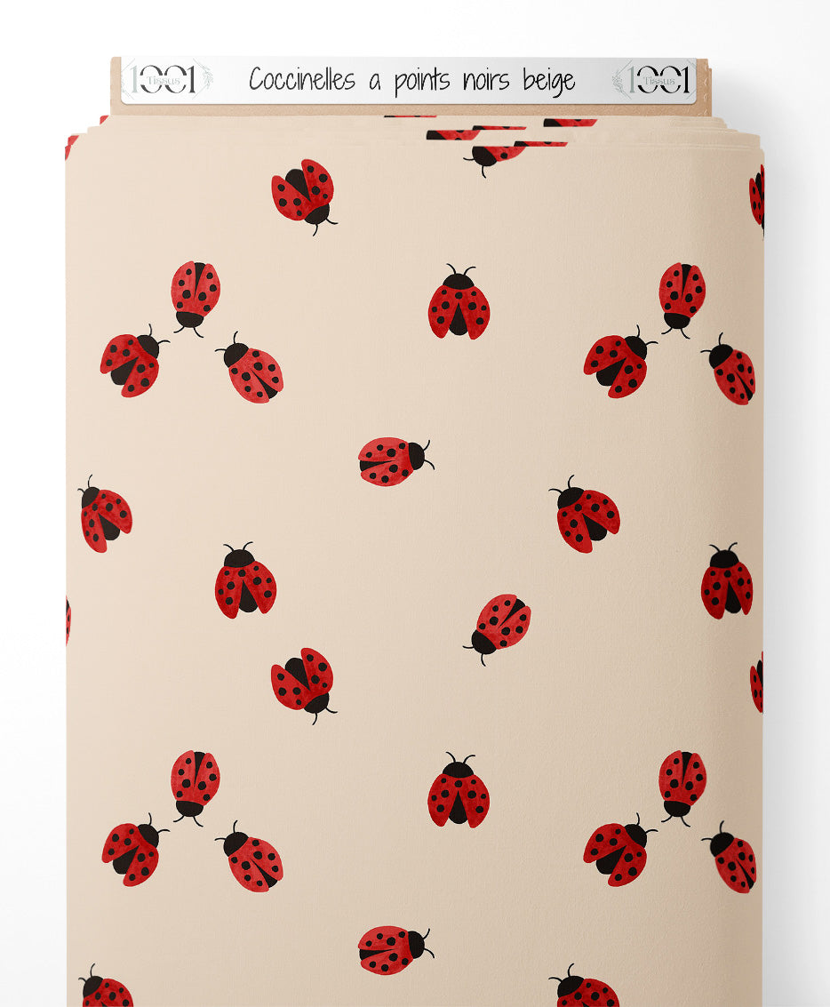Tissu - Coccinelles à points noirs beige