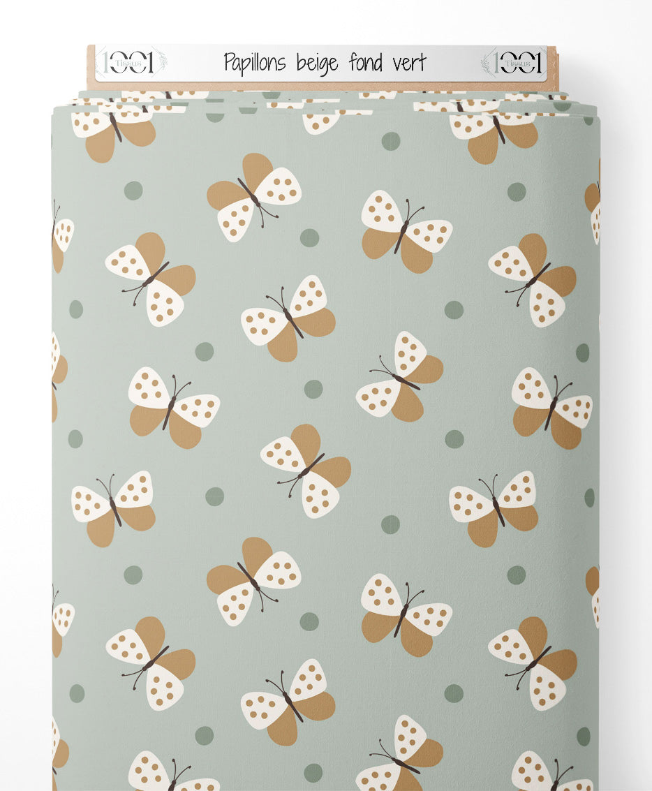 Tissu - Papillons beige sur fond vert