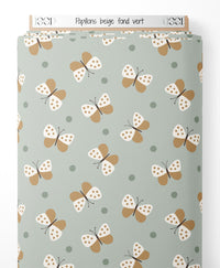 Tissu - Papillons beige sur fond vert