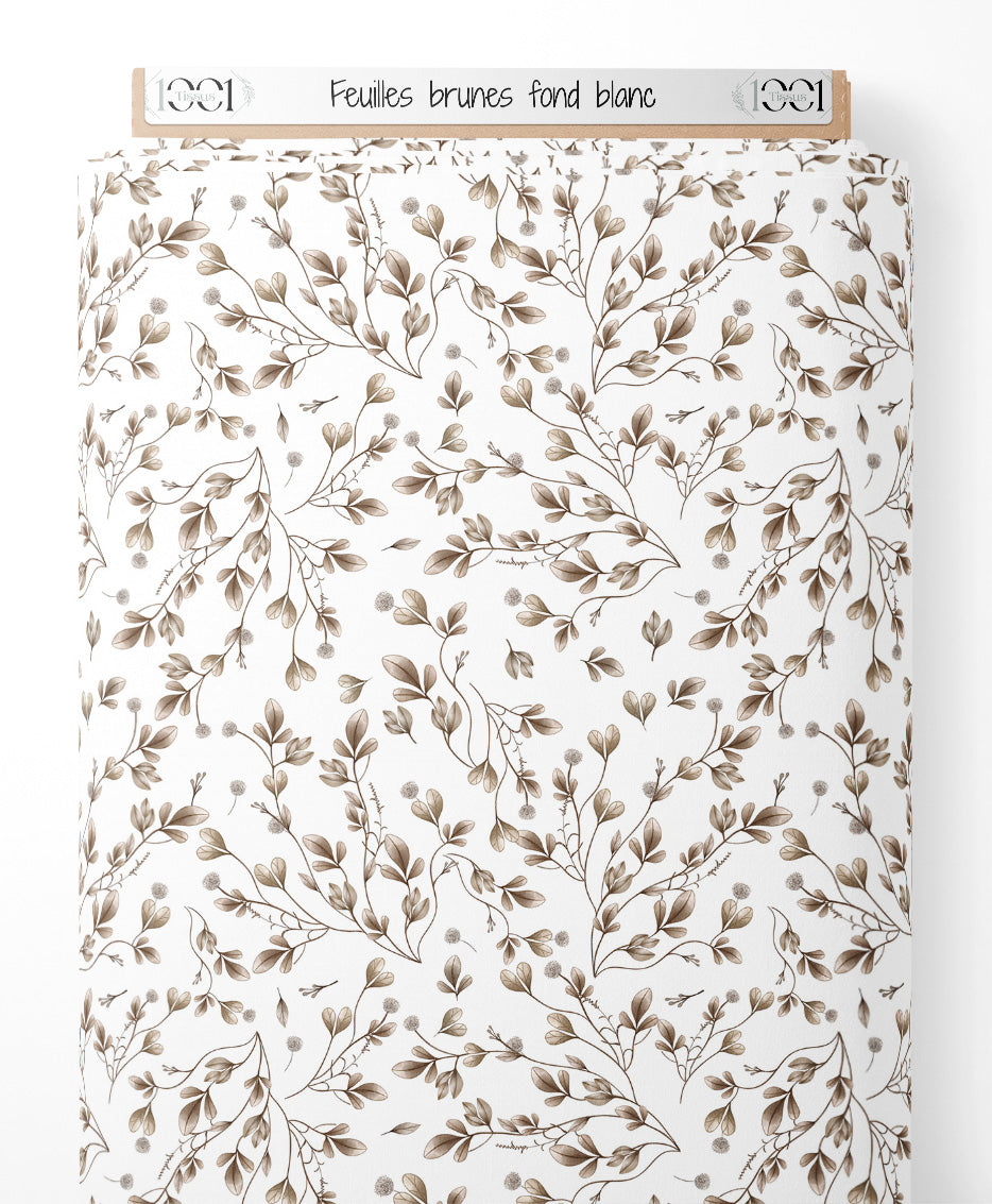 Tissu - Feuilles brunes sur fond blanc