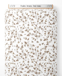 Tissu - Feuilles brunes sur fond blanc