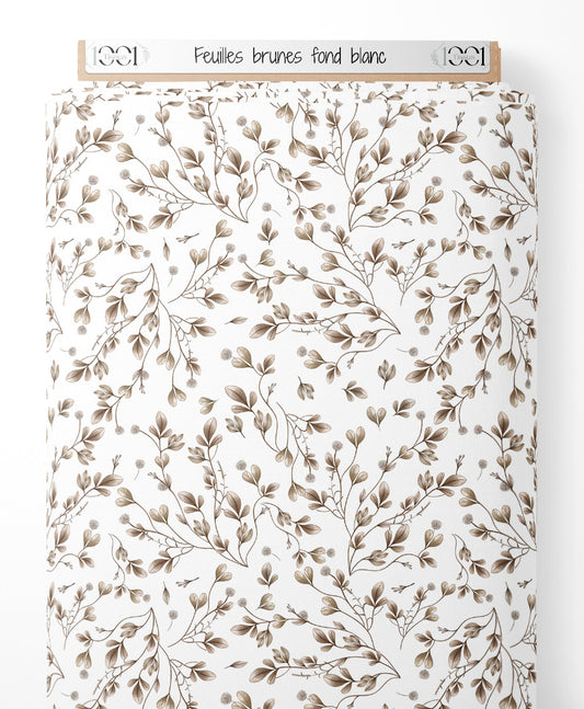 Tissu - Feuilles brunes sur fond blanc