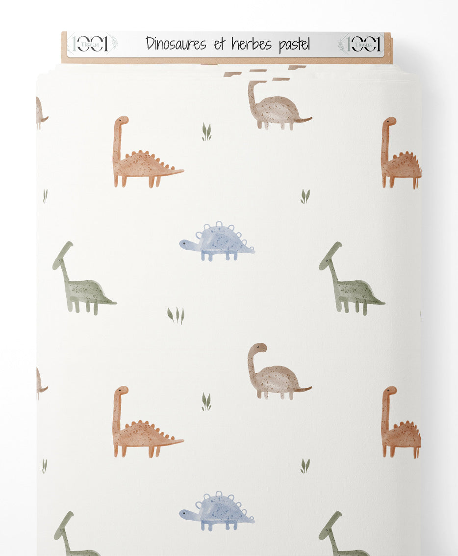Tissu - Dinosaures et herbes pastel