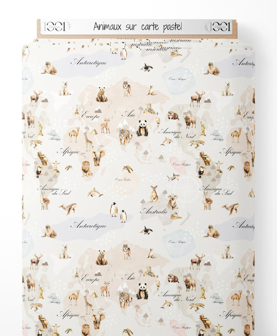Tissu - Animaux sur carte pastel