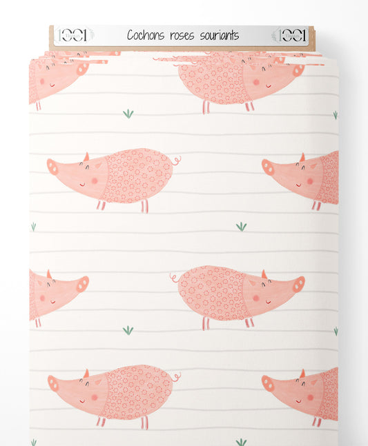 Tissu - Cochons roses souriants