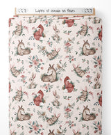 Tissu - Lapins et oiseaux en fleurs