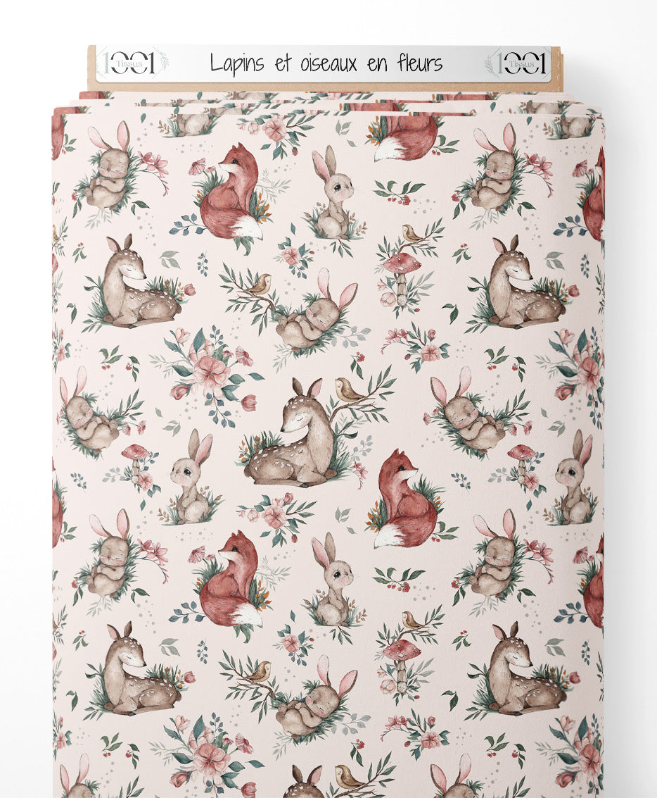 Tissu - Lapins et oiseaux en fleurs