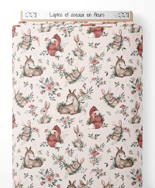 Tissu - Lapins et oiseaux en fleurs