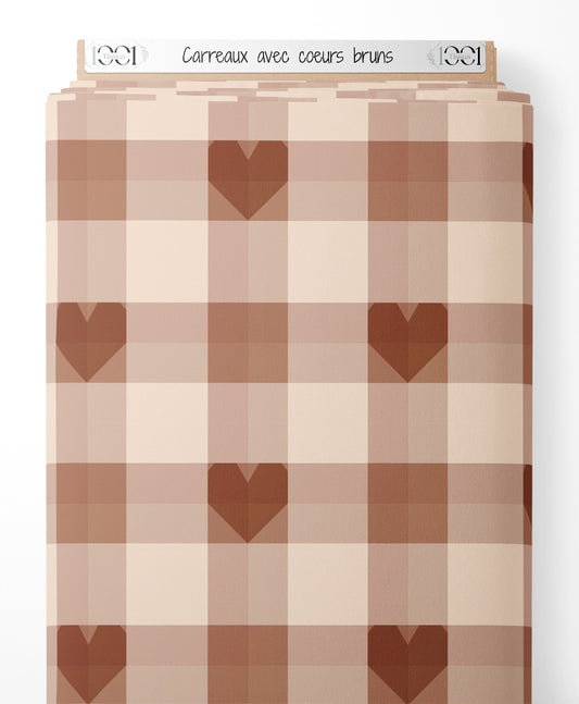 Tissu - Carreaux avec cœurs bruns