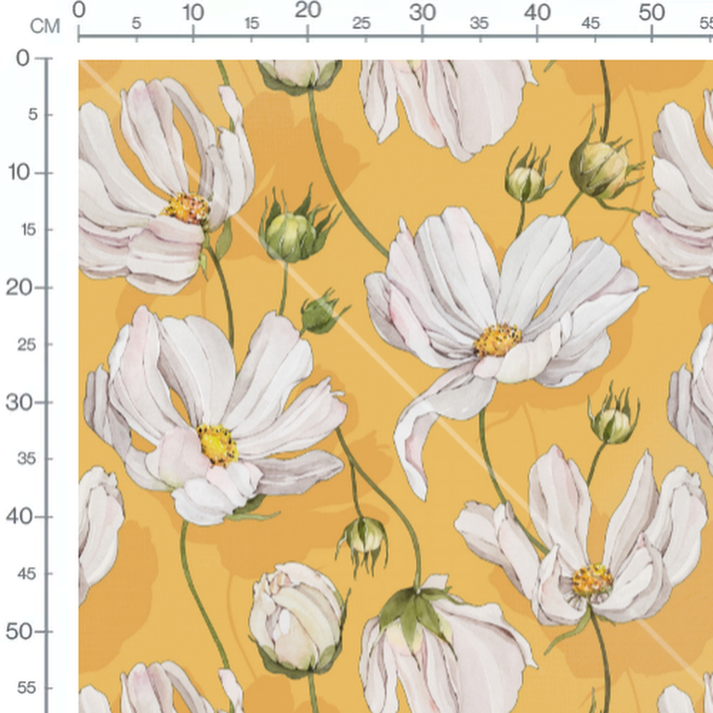 Tissu - Fleurs blanches et cœur jaune