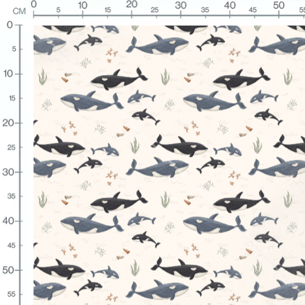 Tissu - Orques et baleines sur beige