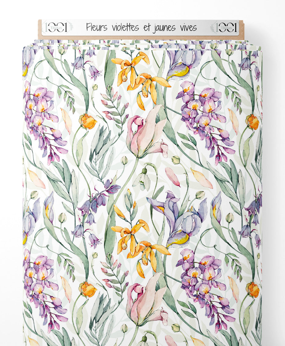 Tissu - Fleurs violettes et jaunes vives