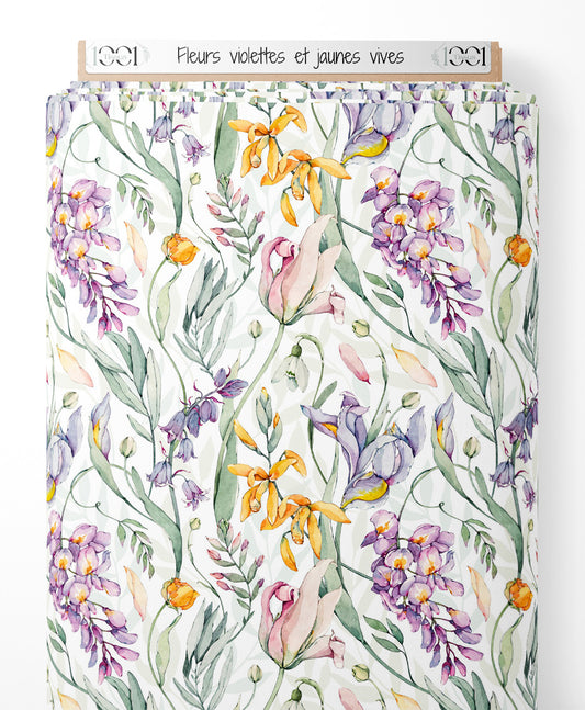 Tissu - Fleurs violettes et jaunes vives