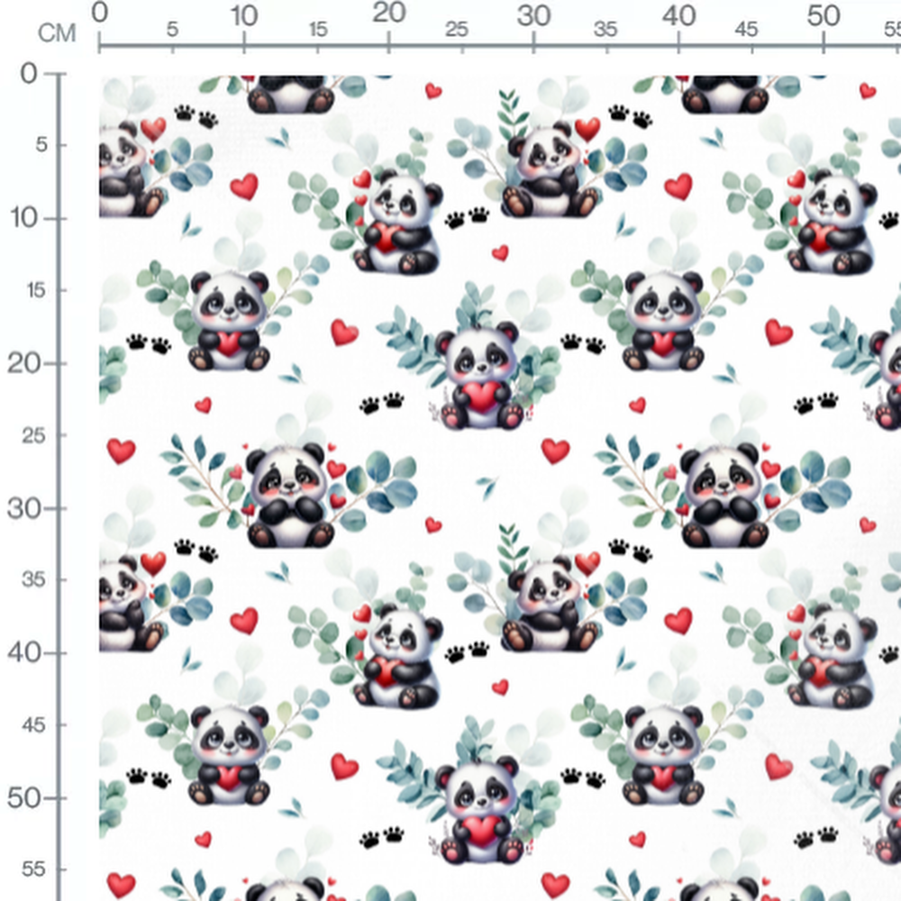 Tissu - Pandas et coeurs rouges