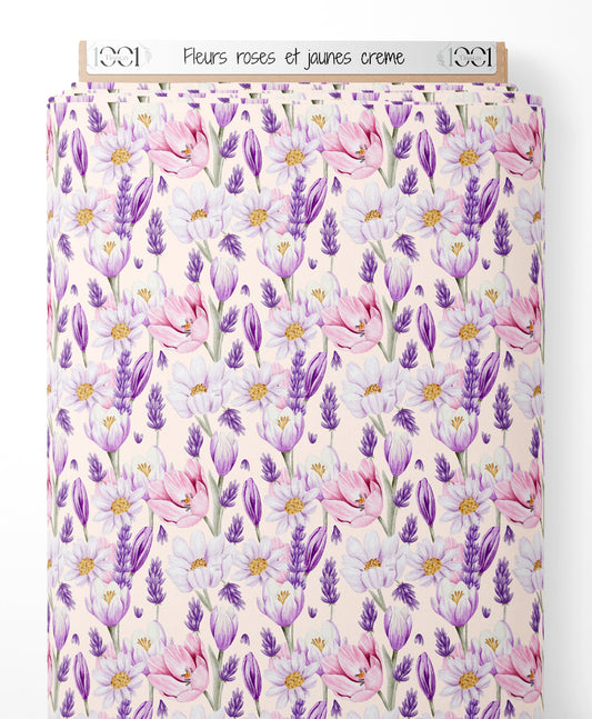 Tissu - Fleurs roses et jaunes crème