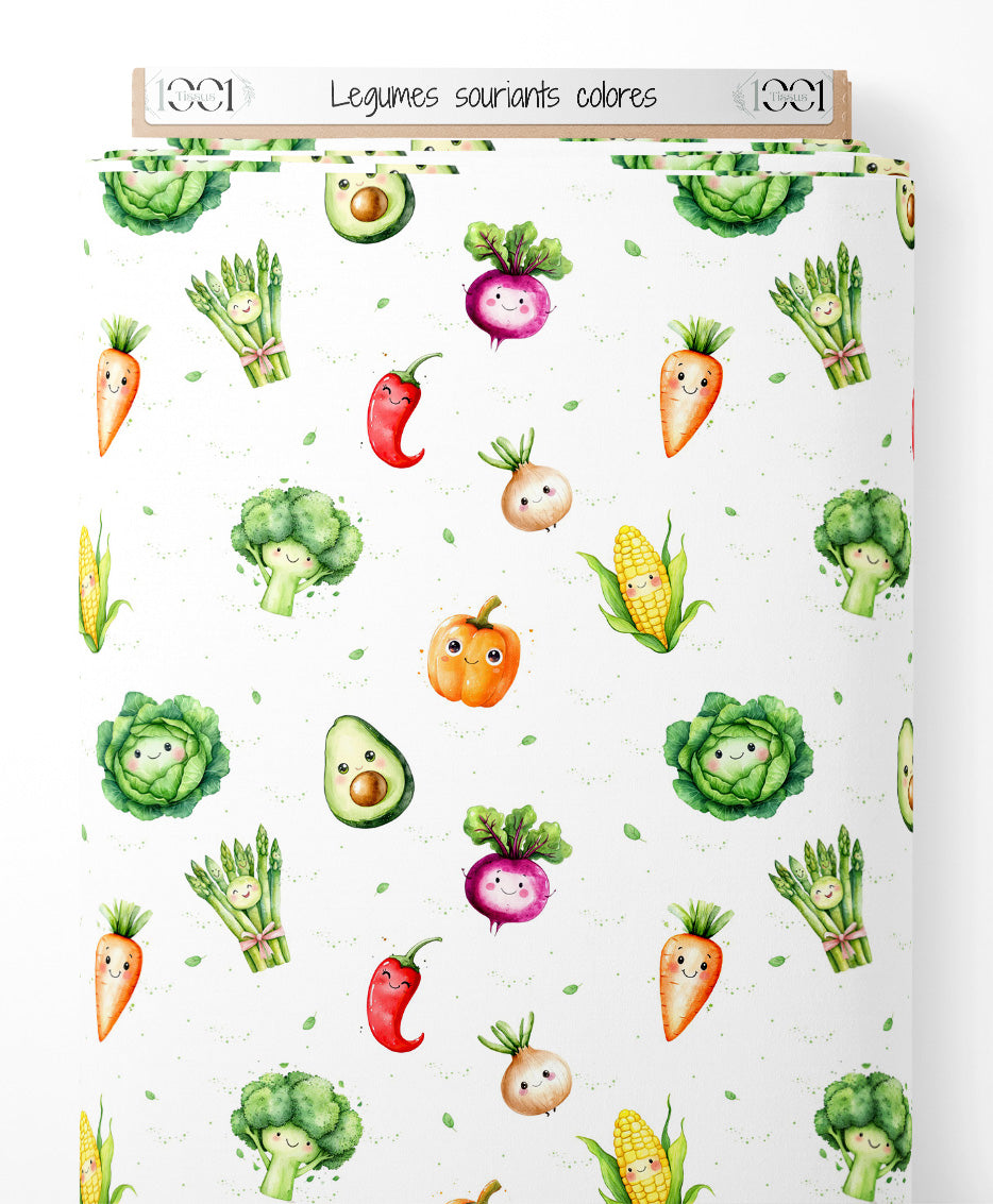 Tissu - Légumes souriants colorés