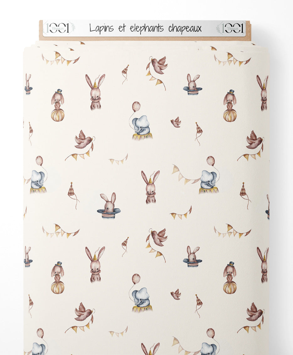 Tissu - Lapins et éléphants chapeaux