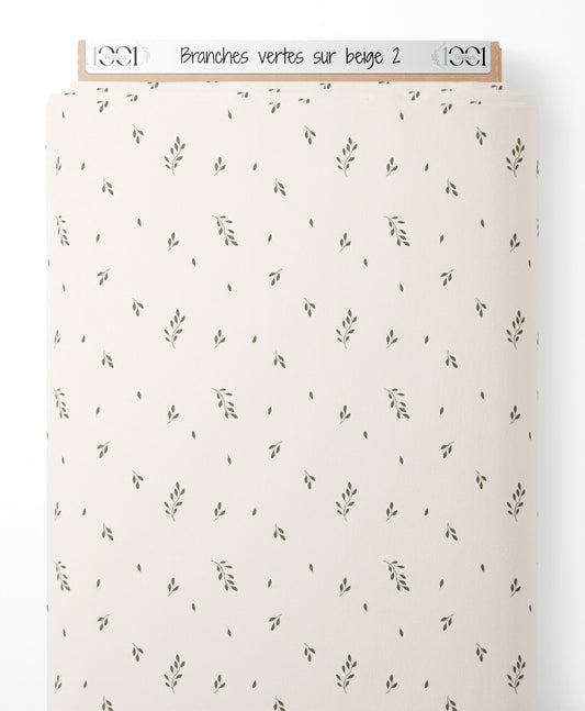 Tissu - Branches vertes sur beige 2