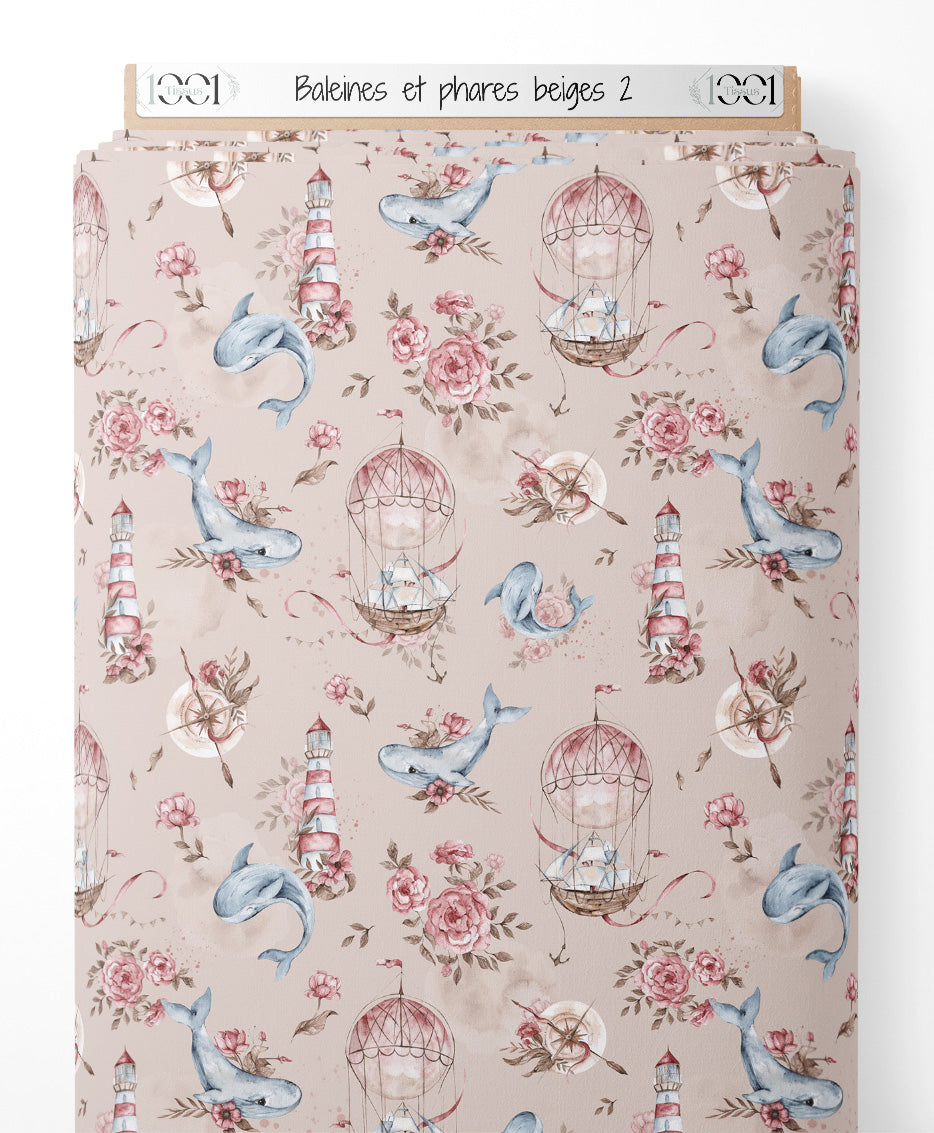 Tissu - Baleines et phares beiges 2