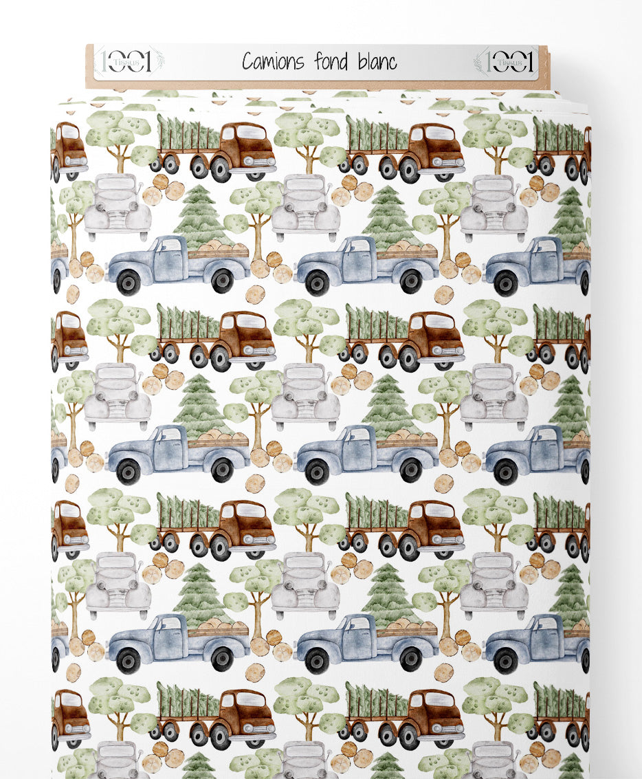 Tissu - Camions sur fond blanc