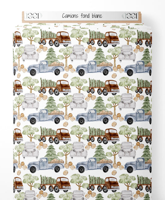 Tissu - Camions sur fond blanc