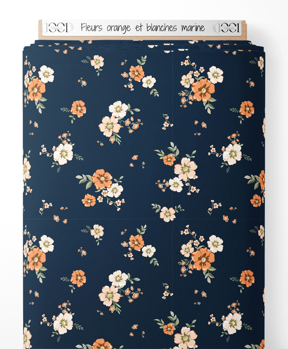 Tissu - Fleurs orange et blanches marine