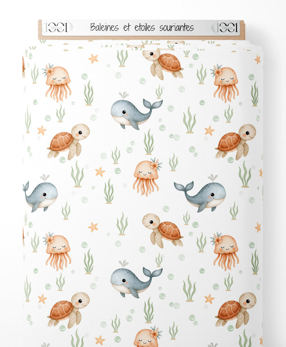 Tissu - Baleines et étoiles souriantes