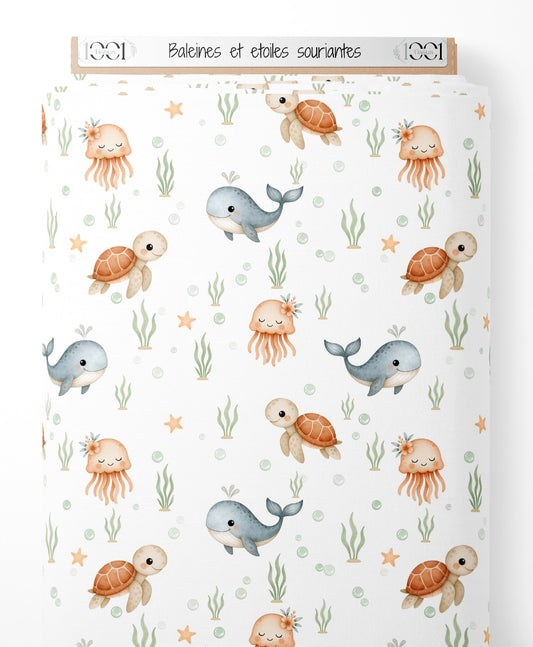 Tissu - Baleines et étoiles souriantes
