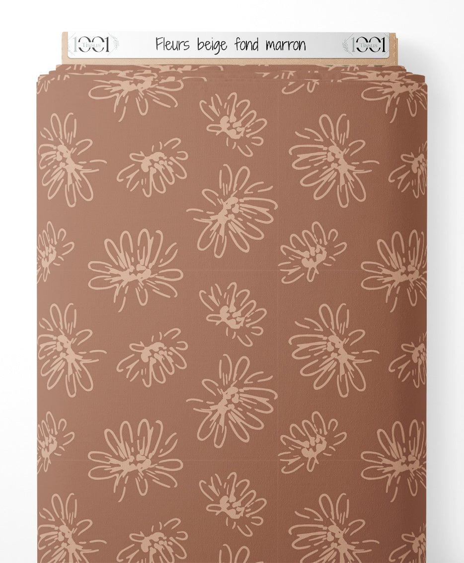 Tissu - Fleurs beige sur fond marron