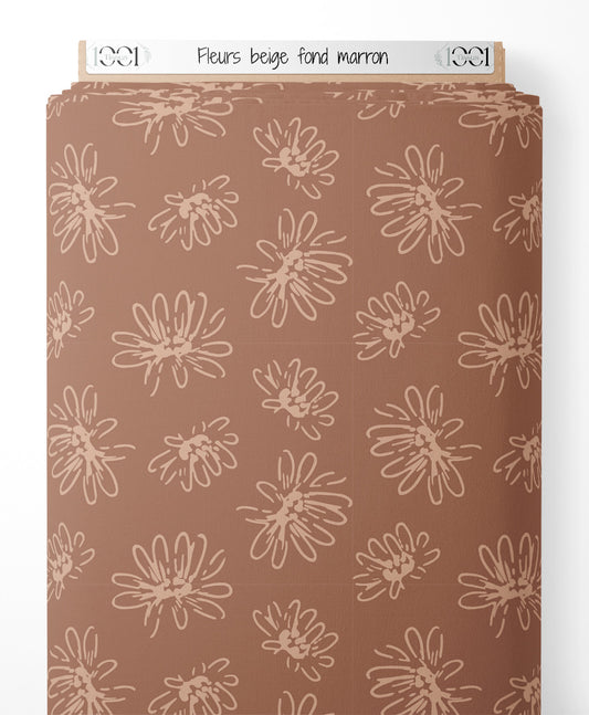 Tissu - Fleurs beige sur fond marron