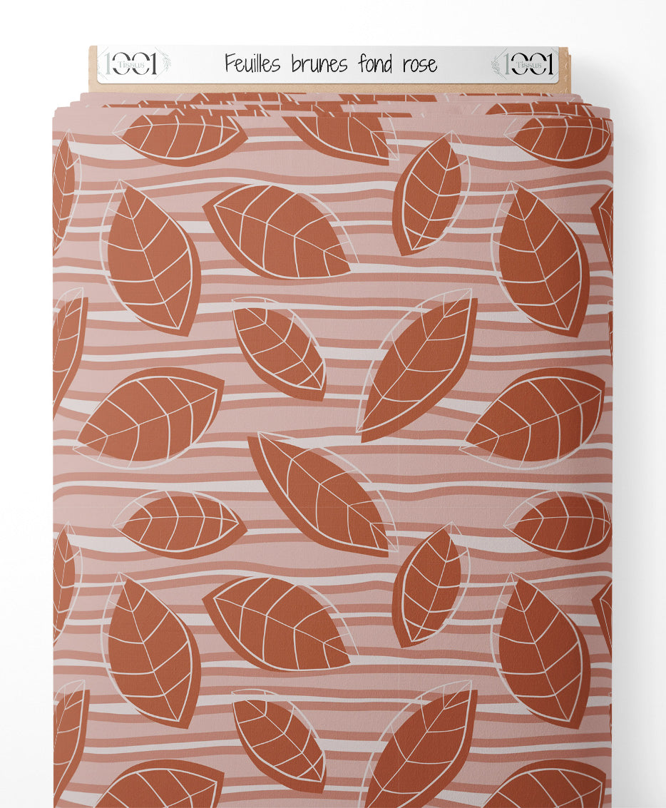 Tissu - Feuilles brunes sur fond rose