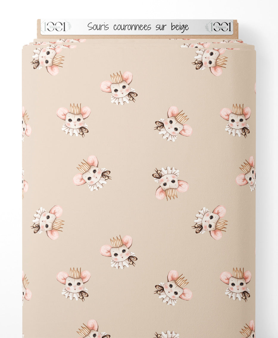Tissu - Souris couronnées sur beige