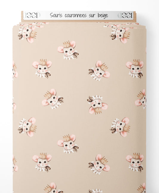 Tissu - Souris couronnées sur beige