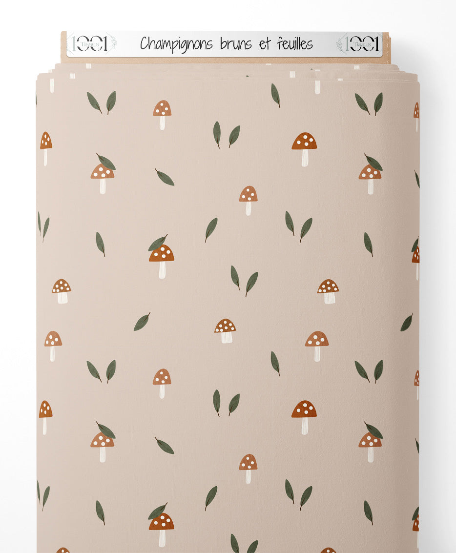 Tissu - Champignons bruns et feuilles